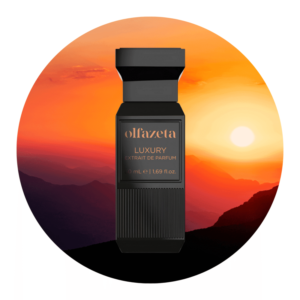 Luxusdüfte kategorie , Mit sonne in hintergrund und schwarze elegant parfüm flasche